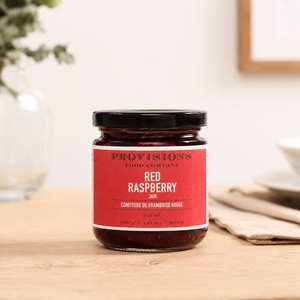Red Raspberry Jam Provisions on kitchen table