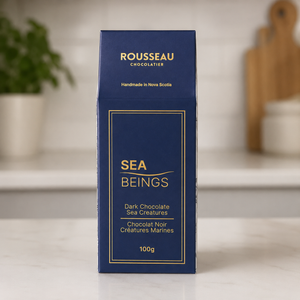 Rousseau Chocolatier dark chocolate aea beings on kitchen counter