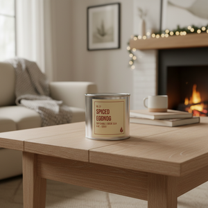 Spiced eggnog soy candle paint can on coffee table