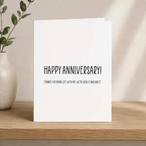 Stevie and Bean Happy Anniversary Card on shelf