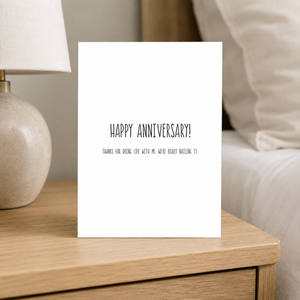 Stevie and Bean Happy Anniversary card on bedside table