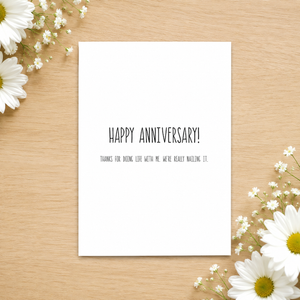 Stevie and Bean Happy Anniversary card with flowers in top left and bottom right corners