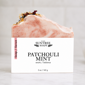Suntree Soaps Patchouli Mint on bathroom counter
