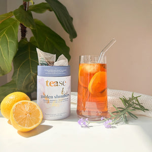 Golden Slumbers Tease tea in glass with lemons