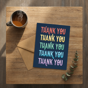Card with 'THANK YOU' repeated in colorful letters on a dark blue background