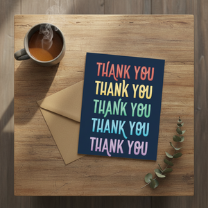 Card with 'THANK YOU' repeated in colorful letters on a dark blue background