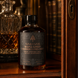 Wabanaki Maple Syrup Bourbon Barrel Aged in liquor cabinet