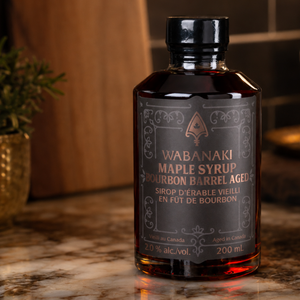 Wabanaki Maple Syrup Bourbon Barrel Aged on countertop