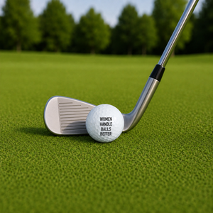 "Women Handle Balls Better" ball beside golf club on the green