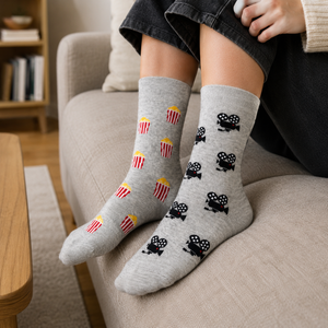 Women sitting on couch wearing camera and popcorn socks by Friday Sock Co.