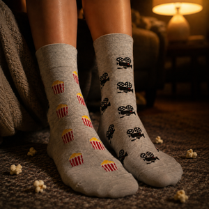 Women sitting on couch wearing camera and popcorn socks by Friday Sock Co. with spilled popcorn on the floor