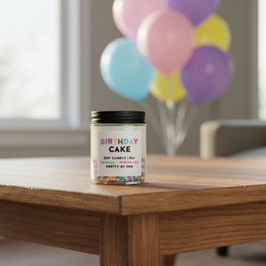 Birthday Cake Candle Pretty by Her on table with balloons in background