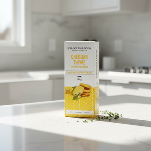 Provisions Cheddar Thyme Shortbread on kitchen counter