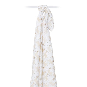Llama swaddling blanket lulujo tied to bar