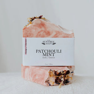 Suntree Soaps Patchouli Mint on white lace