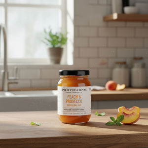 Provisions peach and prosecco sparkling jam on kitchen island
