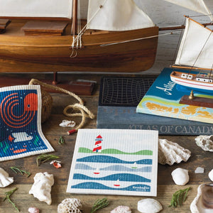 Lighthouse Swedish dishcloth Ecologie with ship, atlas, and shells