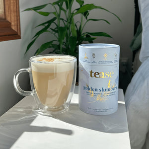Golden Slumbers Tease tea in glass mug