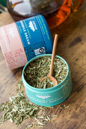 Justea Herbal Tea Trio view of peppermint garden loose leaf tea