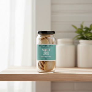 Provisions Vanilla Bean Shortbread Cookie Jar on kitchen shelf